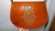 Sac Pochette Cuir marron Ethnique Main de Fatma Vintage Anse réglable