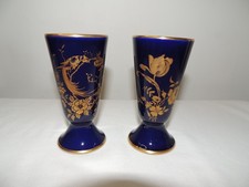 2 ANCIENS MAZAGRANS PORCELAINE LIMOGES BLEU DE FOUR CLAUDE BRACHET OISEAU FLEURS