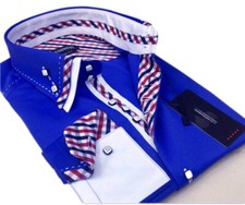 Chemise À Col Double Rayée Bleu Royal, Blanc Et Rouge Pour Hommes