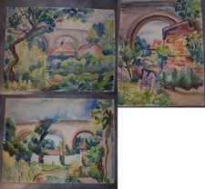 VINTAGE ANCIEN LOT 3 GRANDE PEINTURE AQUARELLE PAYSAGE PONT DLG ANDRÉ WILDER