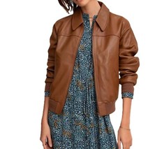 Blouson de moto marron bombardier en cuir d'agneau véritable col écarté pour ...