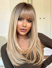Perruque Synthétique Longue Blonde Doré Racine Foncé A Frange Lisse +4 Bonnet