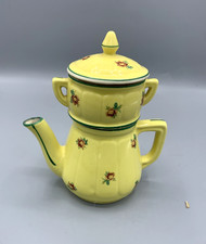 Cafetière / théière filtre intégré en céramique jaune fleurs vintage, couvercle