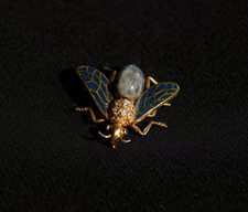 Art Nouveau French 18K Gold Plique à Jour enamel diamond fly Brooch