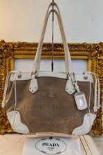 PRADA TOTE BAG SHOPPER Logo Jacquard Tissu Chanvre Beige Et Cuir Ivoire