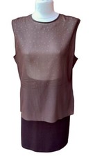 ST JOHN EVENING BROWN SET SKIRT SANTANA WOOL BLEND TOP SILK STUDDED GOLD  12/14