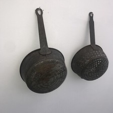 2 Antique French Metal Strainers Handled Food Kitchen￼￼ Sieve Colander Farm ￼