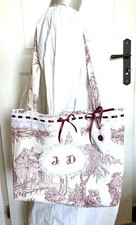 SAC tissu, « Monogrammes » Toile de Jouy rouge, Vintage shabby, Ancien , NEUF