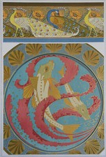 Paon Pavot émail poissons Lithographie Art Nouveau originale 1897 décoration 54