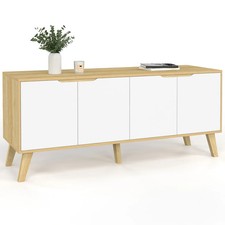 Buffet bas scandinave 140 cm FINN  4 portes blanc et bois façon hêtre