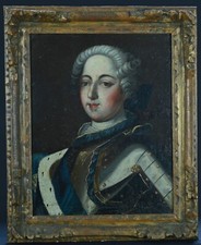 Ancien tableau portrait Roi  Louis XV Armure Hermine buste sv  Gobert 18e France