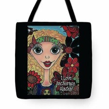 I LOVE ANCHORAGE ALASKA HIPPIE art whimsical artist tote bag purse 16 x 16 New 