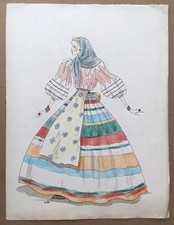 Dessin Original Aquarelle Irène Leduc Portrait Femme Robe Croquis Mode 1930-40
