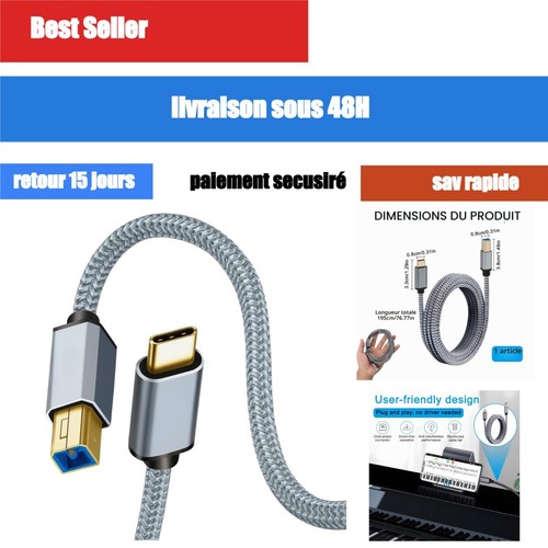 Câble midi usb vers - usb-b, usb-c