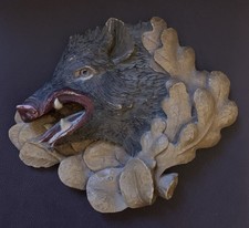 Statue d'applique cynégétique terre cuite XIXe hure de sanglier trophée chasse