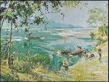 Guy HUZE Gouache SBD Lac africain Pêcheurs Afrique 46 * 61 à vue Années 50