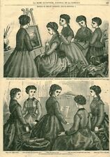 Gravure de mode ancienne 1869 robes vestes fichu issue de magazine