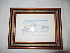 PETIT TABLEAU ANCIEN AQUARELLE-PAYSAGE DE NEIGE MONTAGNE-CADRE BOIS