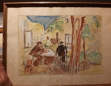 SCENE DE CAFE VILLAGE CORSE AQUARELLE ANTONIA BOSC née  1929 