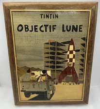 Très Rare Tableau en marqueterie “Tintin Objectif Lune” – Fait main