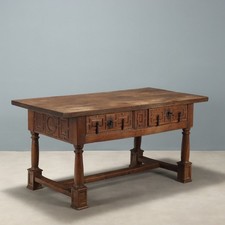 Table Ancienne Noyer Gravé avec Tiroirs Espagne XIXe Siècle Originale