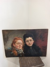 TRES JOLI ET GRAND TABLEAU ANCIEN HUILE SUR CARTON PORTRAIT DE JEUNES FEMMES