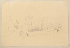 Dessin Théodore Gudin Paysage provence campgane pont rivière Sud France XIX