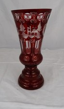 Antique Ruby Red Bohemian Etched Beveled Crystal Vase Bird/Castle Pattern