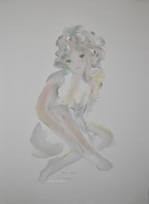 Shan MERRY- Lithographie originale signée-Jeune femme assise, nu
