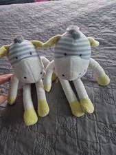 Lot De 2 DOUDOUs OKAIDI OBAIBI ZEBRE ANE CHEVAL BLANC JAUNE RAYE GRIS 34cm  