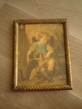 CHROMO LITHOGRAPHIE ENFANT AU CHAT CADRE DECO VITRE ANCIEN CHILD WITH CAT 