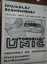 UNIC automobile par Henri LE MONNIER +verre TRIPLEX pub papier ILLUSTRATION 1929