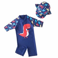 Kid Boys Chic Animals Printed One-Piece Rash Guard with Sun Hat 2pcs Swimsuit Po