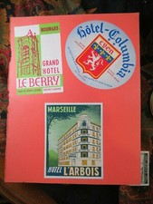 3 anciennes etiquettes de bagages grand  hotel lyon marseille bourges columbia