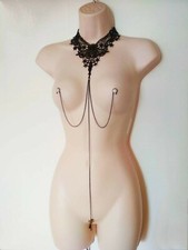 Collier noir de choke pince à tétons avec des chaînes Bijoux de corps intimes 
