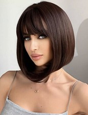 Perruque Wig Brune Femme Coupe Courte Carré Synthétique Lisses Marron +4 Bonnet