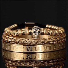 Bracelet plaqué or 18k pour homme acier Inoxydable 3 Bracelets tête de mort Rome