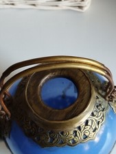 Ancienne Théière En Verre Bleu Cobalt  Bronze Cuivre