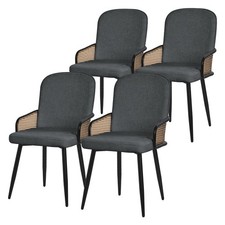 Chaises salle à manger tissu anthracite accoudoirs en rotin pieds métal lot de 4