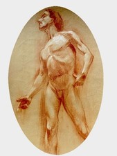 Dessin Ancien Académique Sanguine et Rehauts de Blanc Académie Homme Nu XIX ème