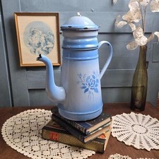 Cafetière émaillée bleue ancienne – complète avec filtre et couvercle – Vintage