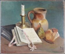 Ancien Tableau "Nature Morte au Livre" Peinture Huile 1894 Antique Oil Painting