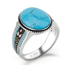 Bague Turquoise naturelle bleu homme argent massif 925 pas cher pierre bleue