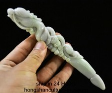6.8" Old Chinese Dynasty Emerald Jadeite Carving Dragon Head Writing Brush