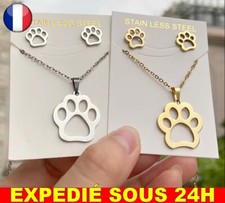 ✅ Collier Et Boucles D'oreilles Patte Chien Chat Acier Inoxydable Femme Animaux