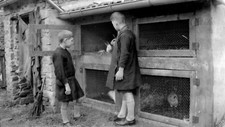 Ferme deux enfants devant clapiers lapins - ancien négatif photo c.1930