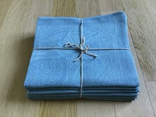 6 SERVIETTES DE TABLE EN COTON DAMASSÉ COUSUES MAIN LINGE ANCIEN TEINTÉ BLEU