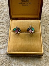 Véritable RUBIS, SAPHIR, ÉMERAUDE, PLAQUÉ OR, C1930 anciennes Boucles D’oreilles