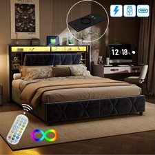 👉 Lit 160x200 LED & USB – Velours Gris, Coffre Rangement, Tête de lit Design