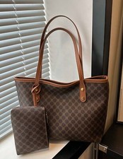 2X Sac Cabas Marron Foncé Simili Cuir Fourre Tout + Pochette - Ensemble 2 Pièces